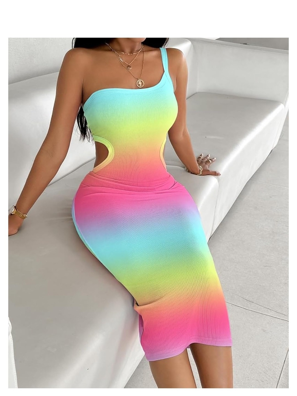 One-Shoulder Rainbow Gradient Cutout Midi Dress